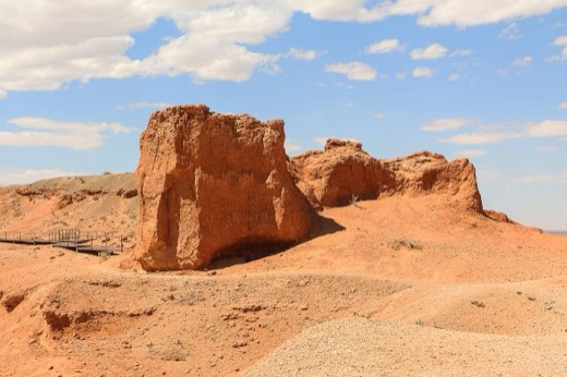 Red sandstone formations at Bayanzag, the Flaming Cliffs, in the Gobi