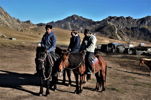 Riders on Mongolian horses in a valley in Gorkhi-Terelj National Park